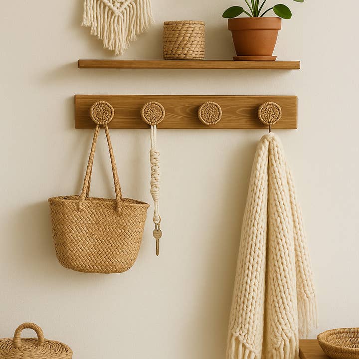 Boho wall hook in wood and rattan, Coat rack for the entryway for wholesale by Atelier HM Design
