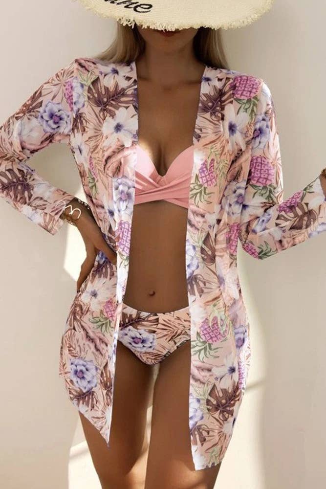 UNISHE – Biquíni - Mulher por atacado – Conjunto de biquíni 3 peças com estampa floral e saída de praia JSN0165