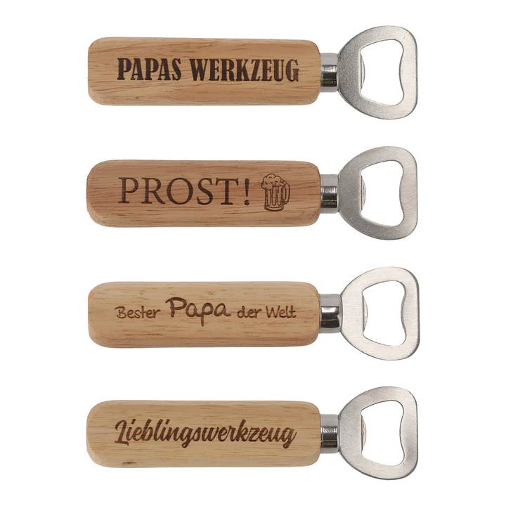Abridor de garrafas com inscrição em madeira, metal natural 4 vezes, (L/A/P) 4x14x1,7cm por atacado de Wurm