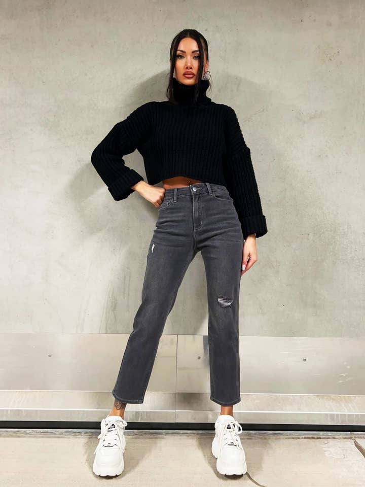 REDIAL PARIS - Wholesale Jeans - Women's - DESTROYED GREY STRETCH MOM FIT JEANS RD2292