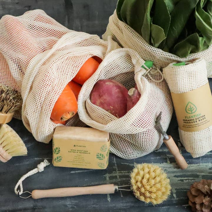 Plantish - Vente Sacs de course/à provisions - Ensemble de 4 sacs à fruits et légumes en maille de coton biologique3
