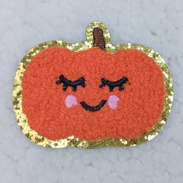 ORANGE Pumpkin Embroidered Chenille HAT/POCKET Patch for wholesale by Trendy Transfers