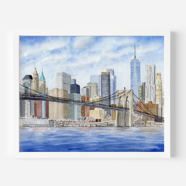 New York City Skyline Art Print - Brooklyn Bridge Painting for wholesale by Pintalustika - Joyful Urban Illustrations