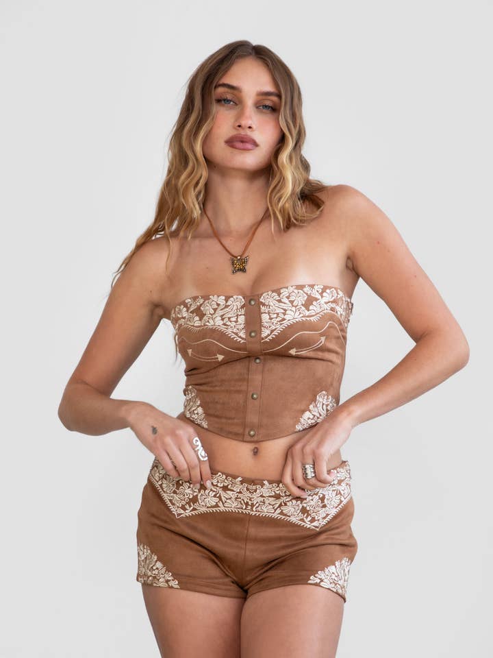 MONTANA Embroidered Suede Bustier Top for wholesale by TICTOC