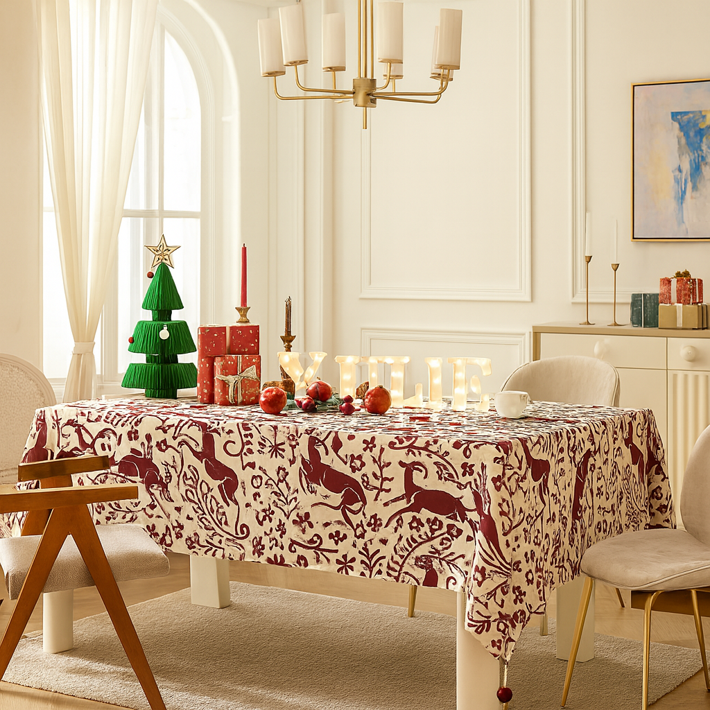 Fennco Styles – wholesale Duk – Röd-White Deer Holiday Bordsduk med Pom-Poms2