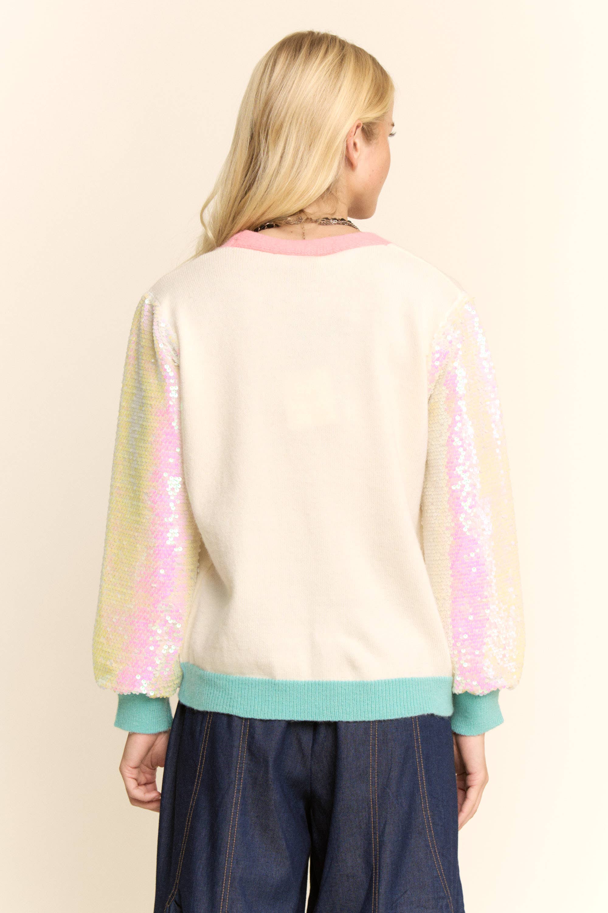 Ivory Multi FLORAL CHRISTMAS TREES SEQUINE SLEEVE CARDIGAN for wholesale on Faire5