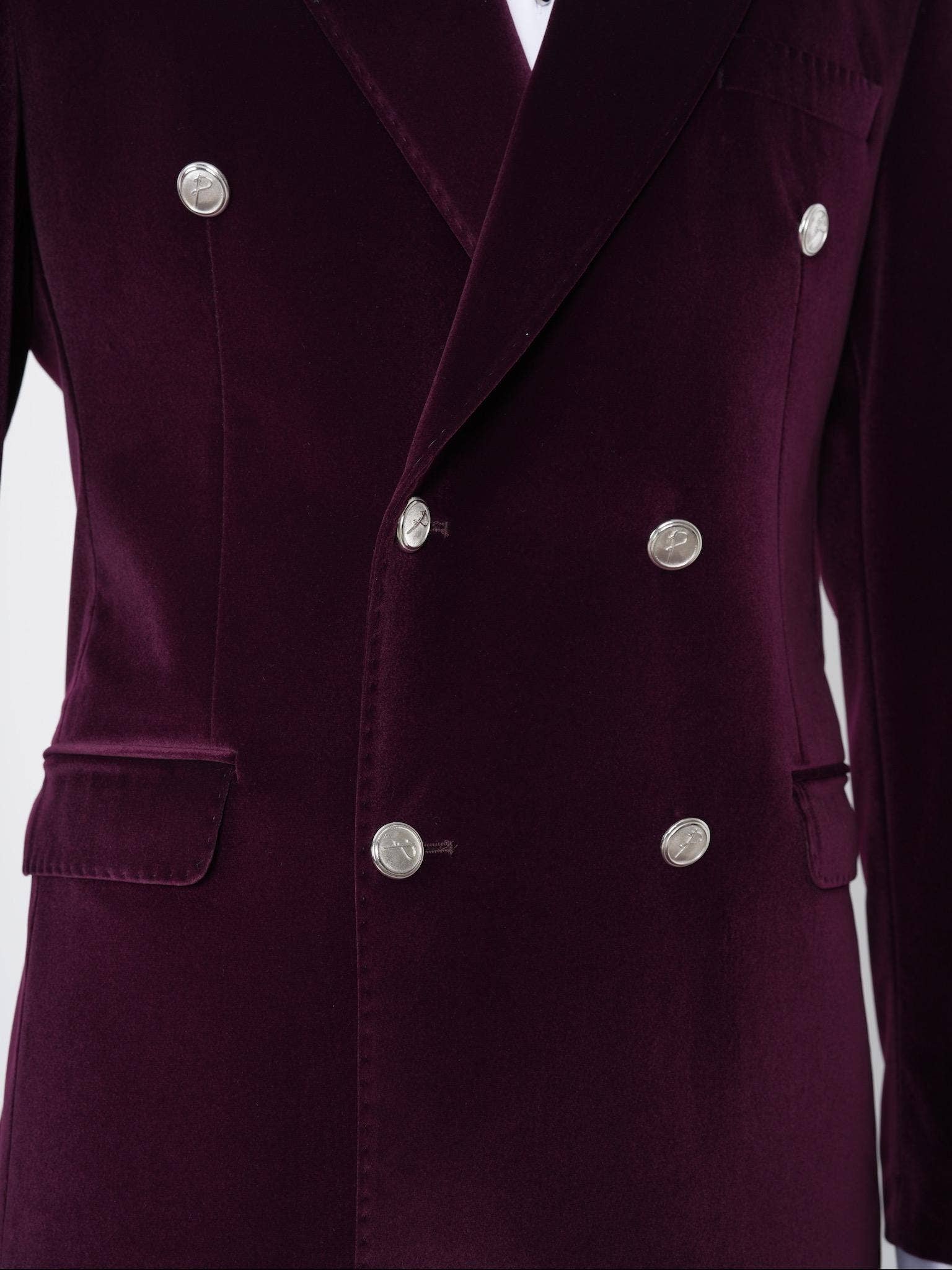 parez suits - Wholesale Tuxedo Jacket - Men's - Wine Velvet Double-Breasted Tuxedo with Signature Buttons7
