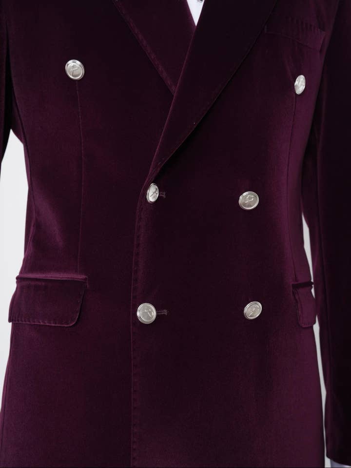 parez suits - Wholesale Tuxedo Jacket - Men's - Wine Velvet Double-Breasted Tuxedo with Signature Buttons7