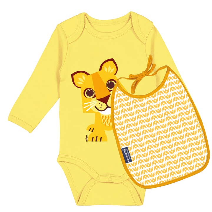 Organic baby long sleeve bodysuit & bib set - Lion pour la vente par Coq En Pate