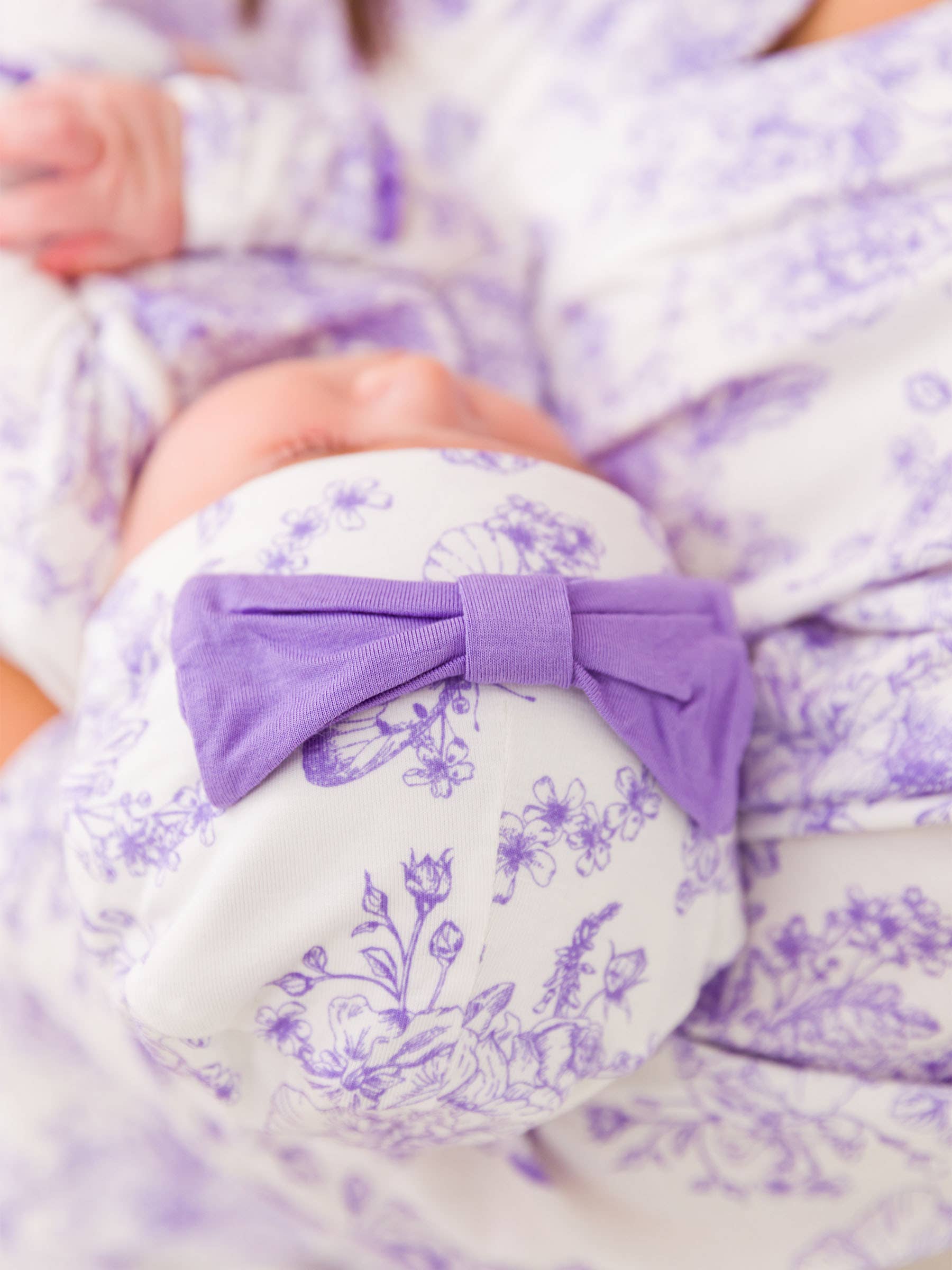 SoftSnooze™ Baby Girls Bamboo Viscose Wisteria Purple Butterfly Garden Toile Ruffle Knotted Sleep Gown & Bow Hat Set for wholesale on Faire8
