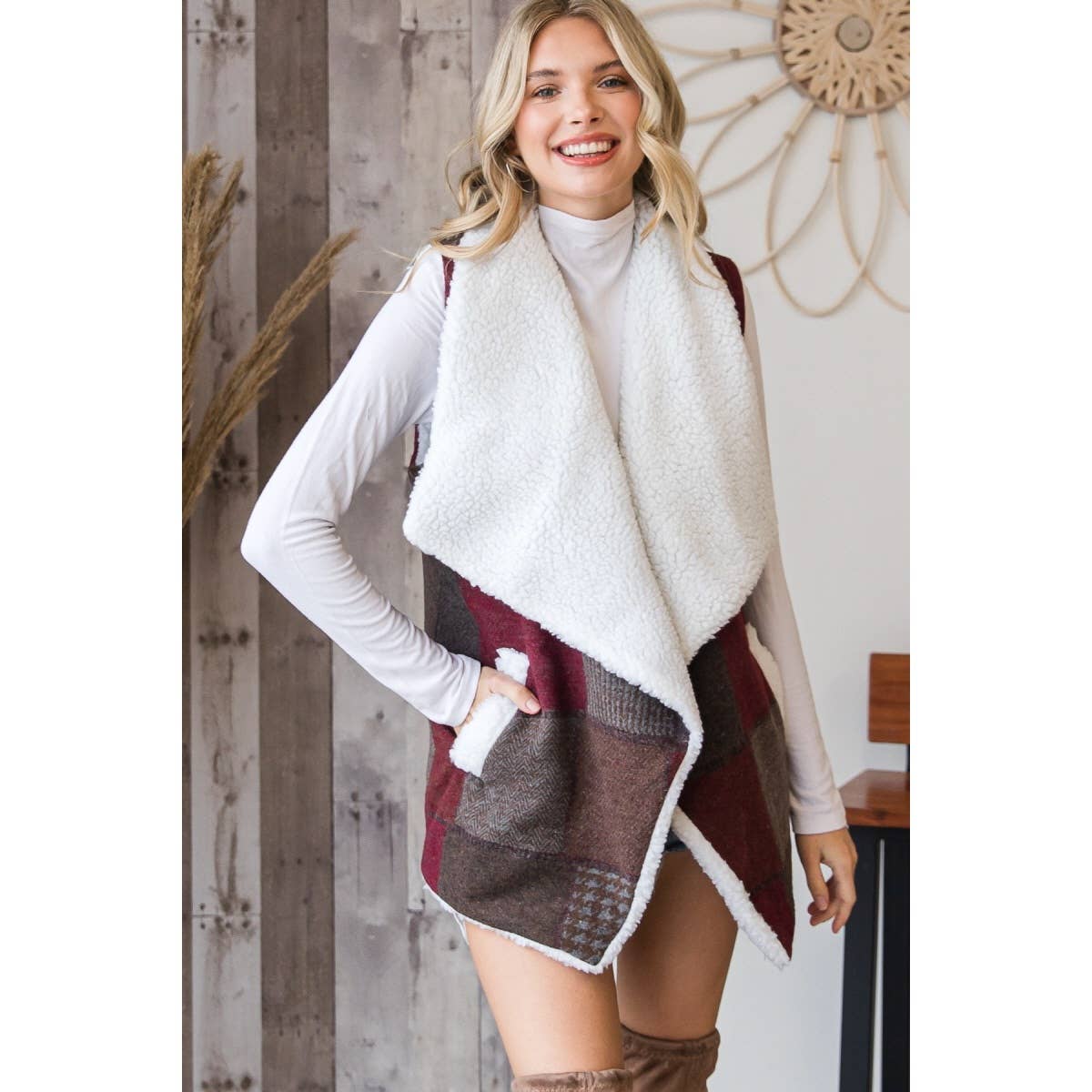 Burgundy Sherpa Lined Aztec Vest for wholesale on Faire3