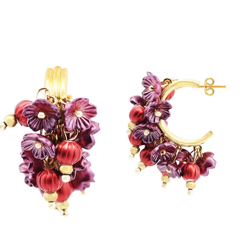 AMORINO SRL - Wholesale Hoop Earrings - TRIPLE HOOP EARRINGS WITH BEADS AND ENAMELED FLOWERS2