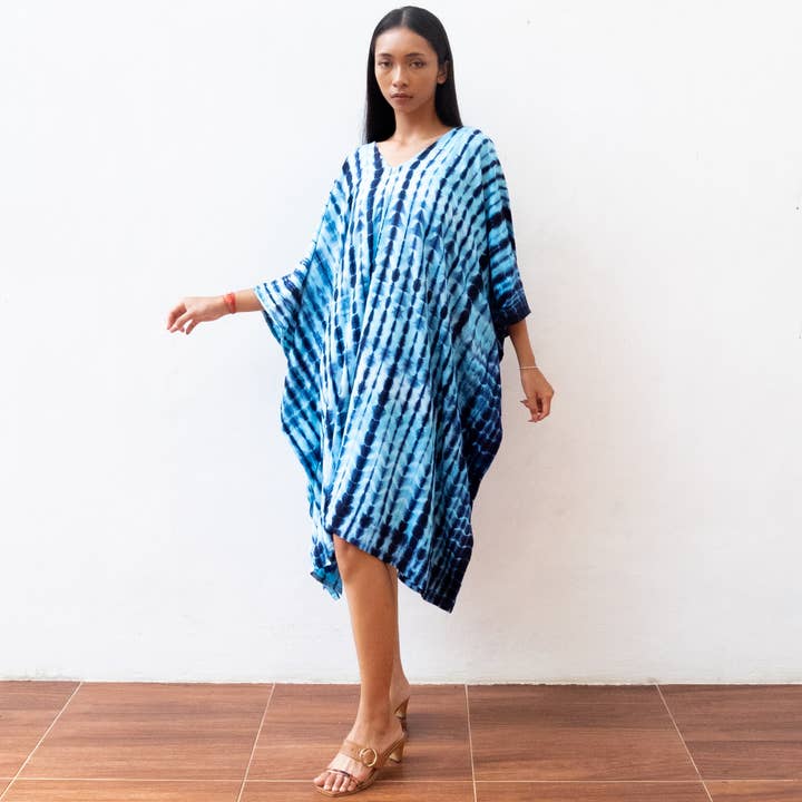 Tie Dye Short Kaftan Dress (Ocean Blue) - Sun Resort Wear for wholesale by Bali Harvest