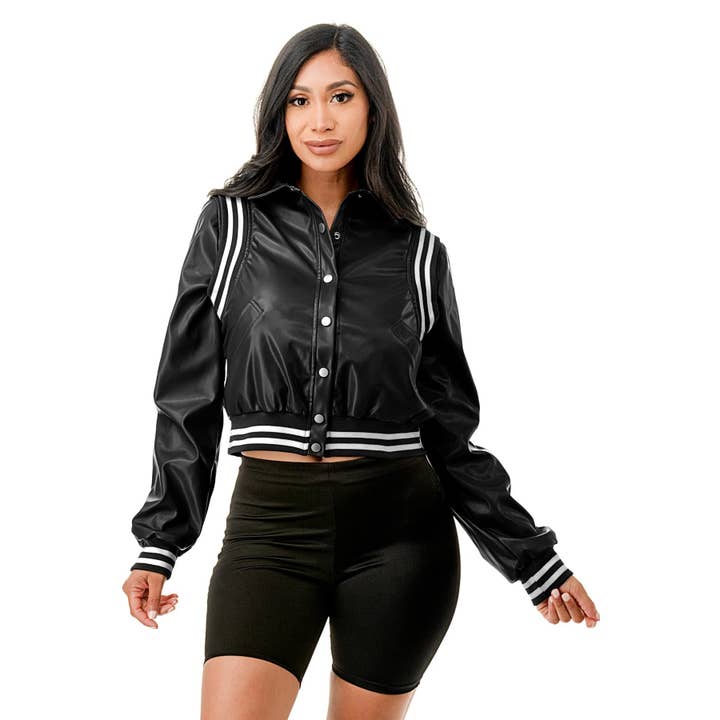 Plus Front Snap Closure Side Hand Pockets PU Jacket for wholesale by Black Pearl Clothing