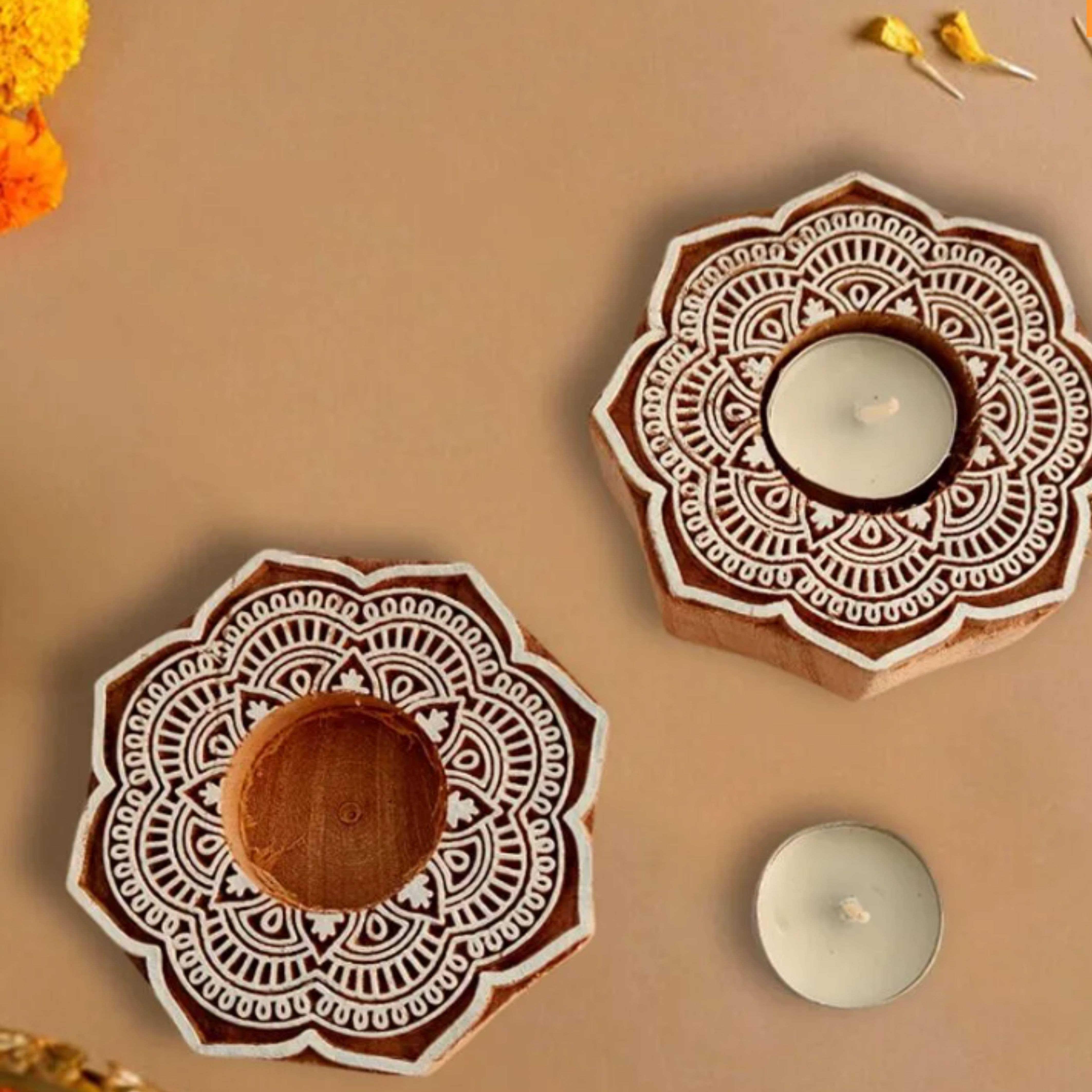 Magnifique Hearts - Wholesale Candle Holder - Handcrafted Wooden Tealight Holder, Mandala Flower Design 44