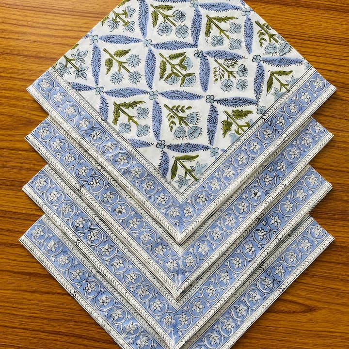 Fabricrush - Wholesale Dinner & Cloth Napkin - Light Steel Blue Printed Cotton Bordered Napkin Home Party