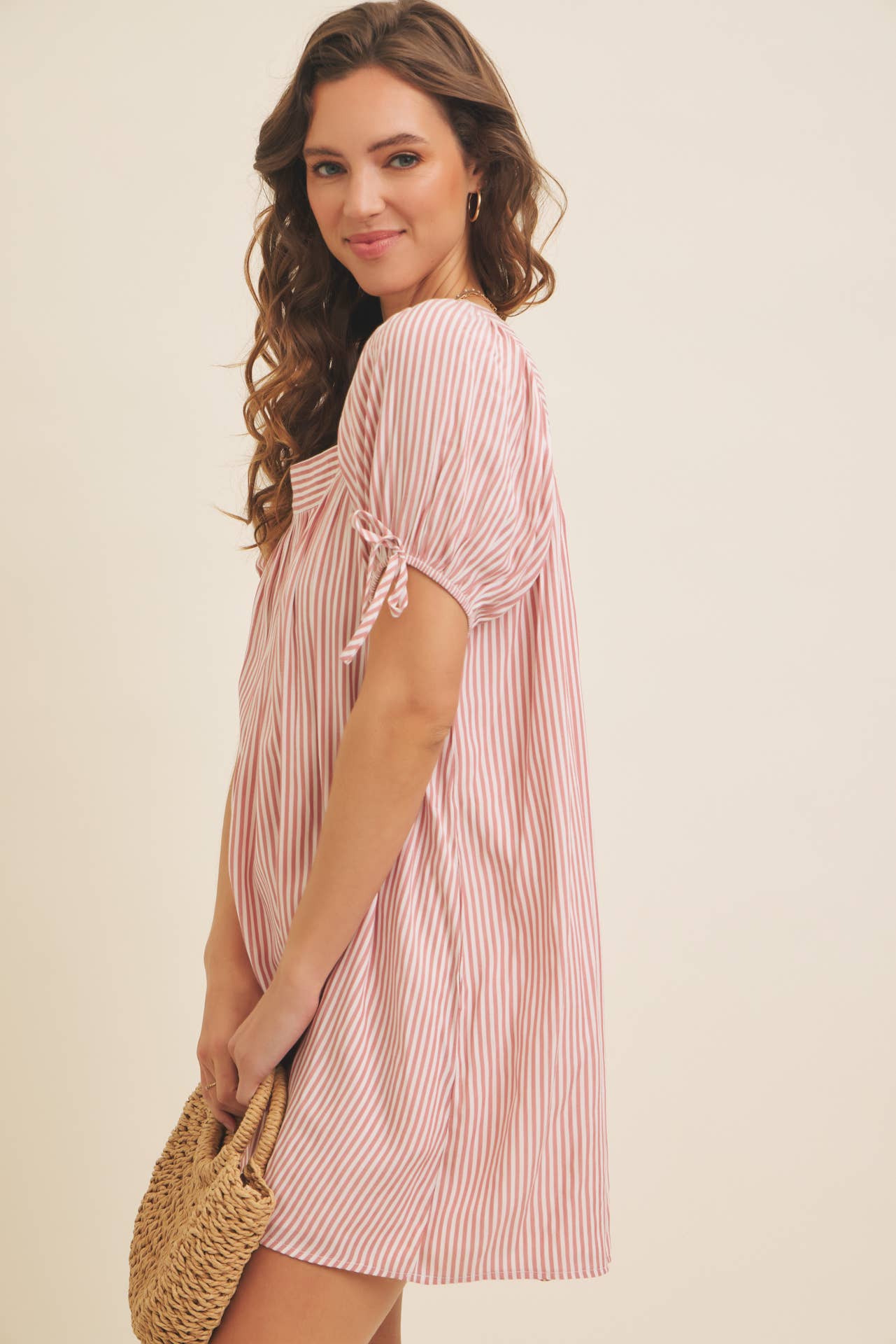 in february - Wholesale Dress - Women's - SQUARE NECK STRIPE FLARE MINI DRESS WITH BOW ON THE SLEEVES5