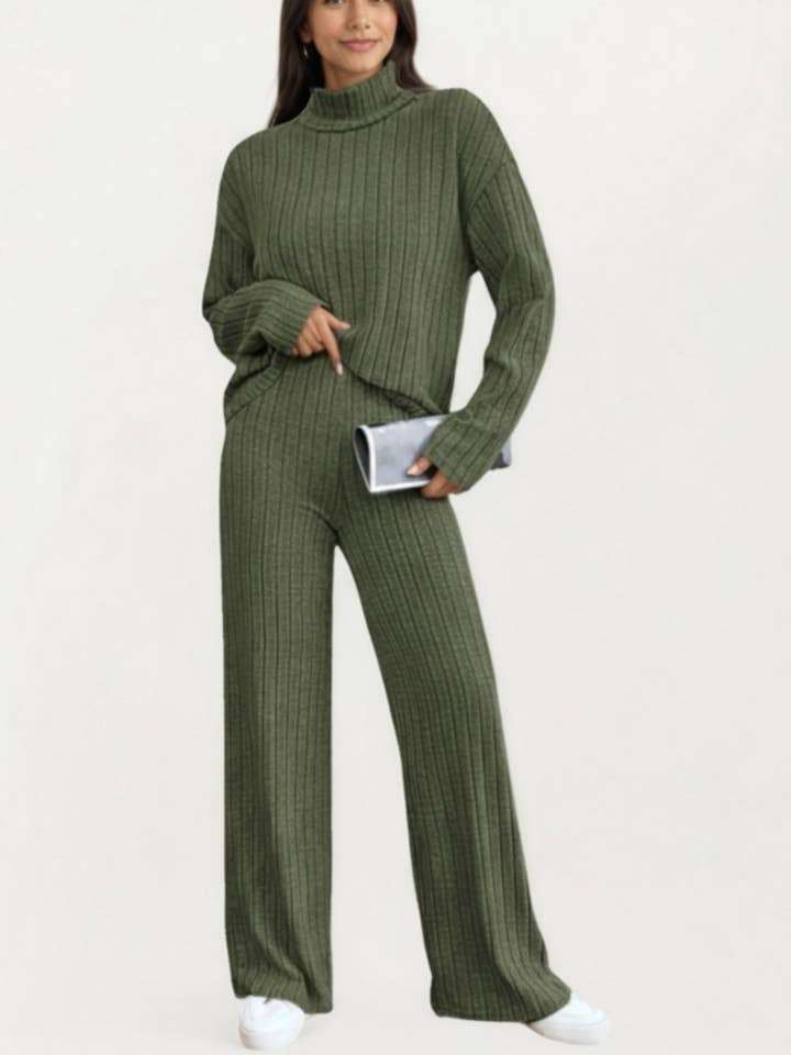 Ribbed Knit Relaxed Fit 2-Piece Set with High Neck Top Soft for wholesale by Anna Kaci Wholesale