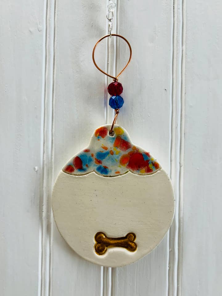 Dog Ornament with Bone for wholesale by Melony Designs