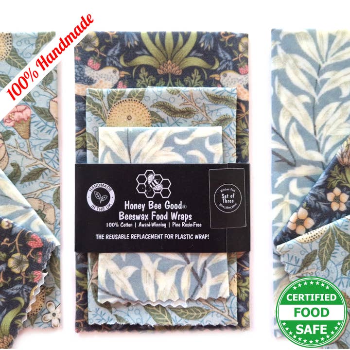 3 (L,M,S) Beeswax Wraps |William Morris Strawberry Thief for wholesale by Honey Bee Good