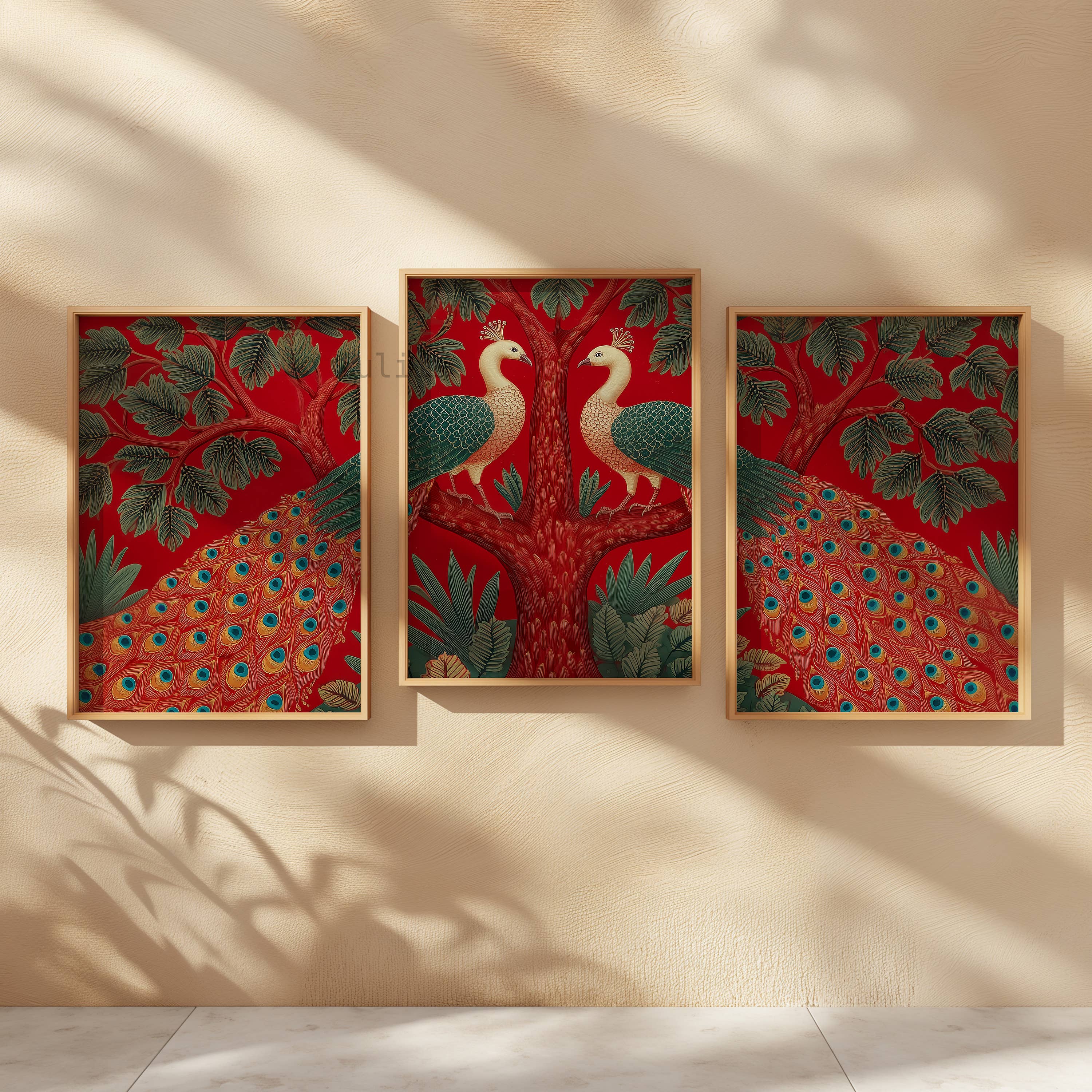 IuliiaArtPrints – wholesale Konsttryck – Indisk påfågelväggkonst – Röd triptyk Pichwai-stil fåglar2