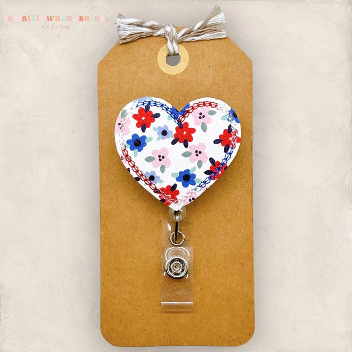 Patriotic Floral Heart Badge Reel for wholesale by The SmallTownSunshine Company
