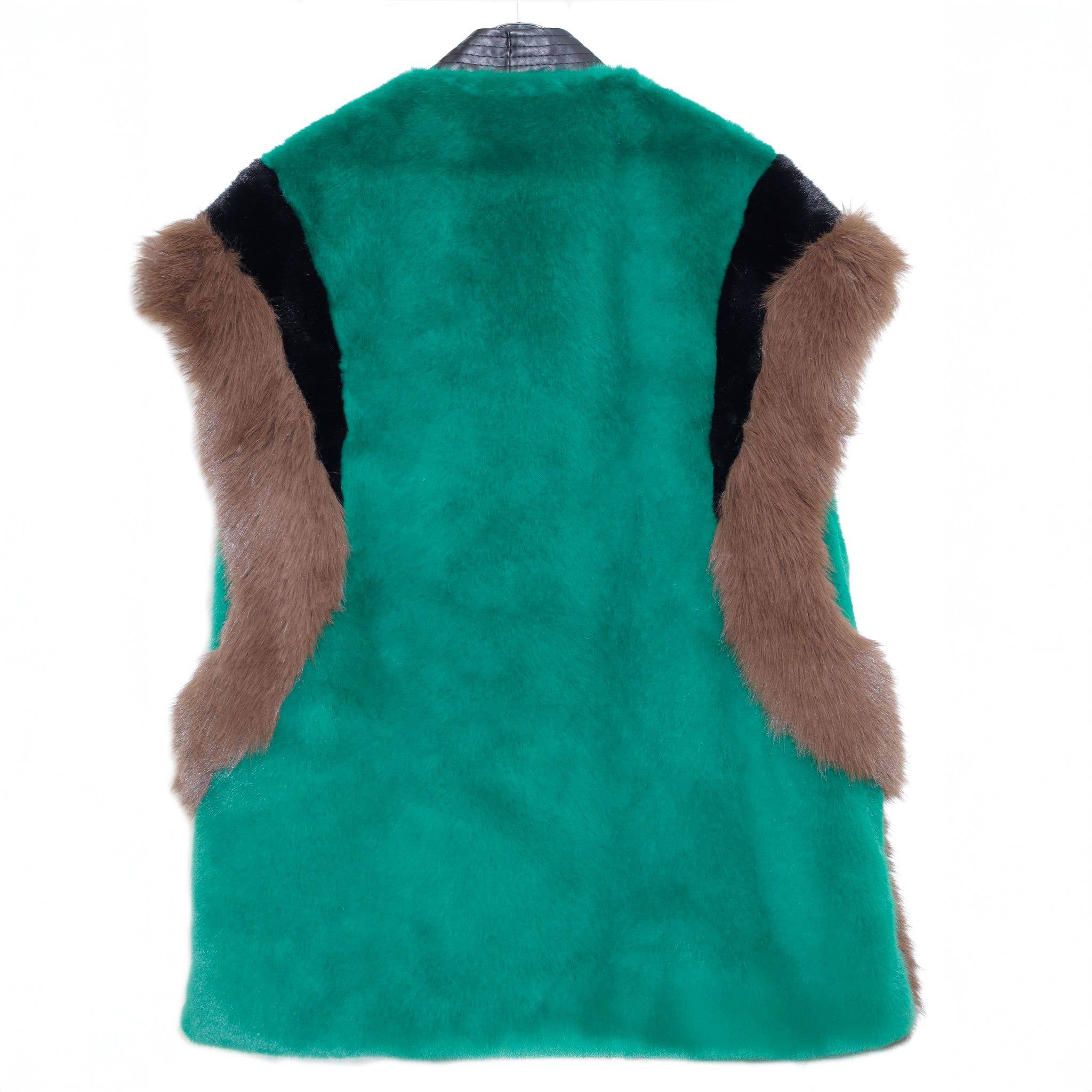 PEACH ACCESSORIES - Vente Veste sans manches – femme - Gilet en fausse fourrure et daim bicolore en marron/vert DH051