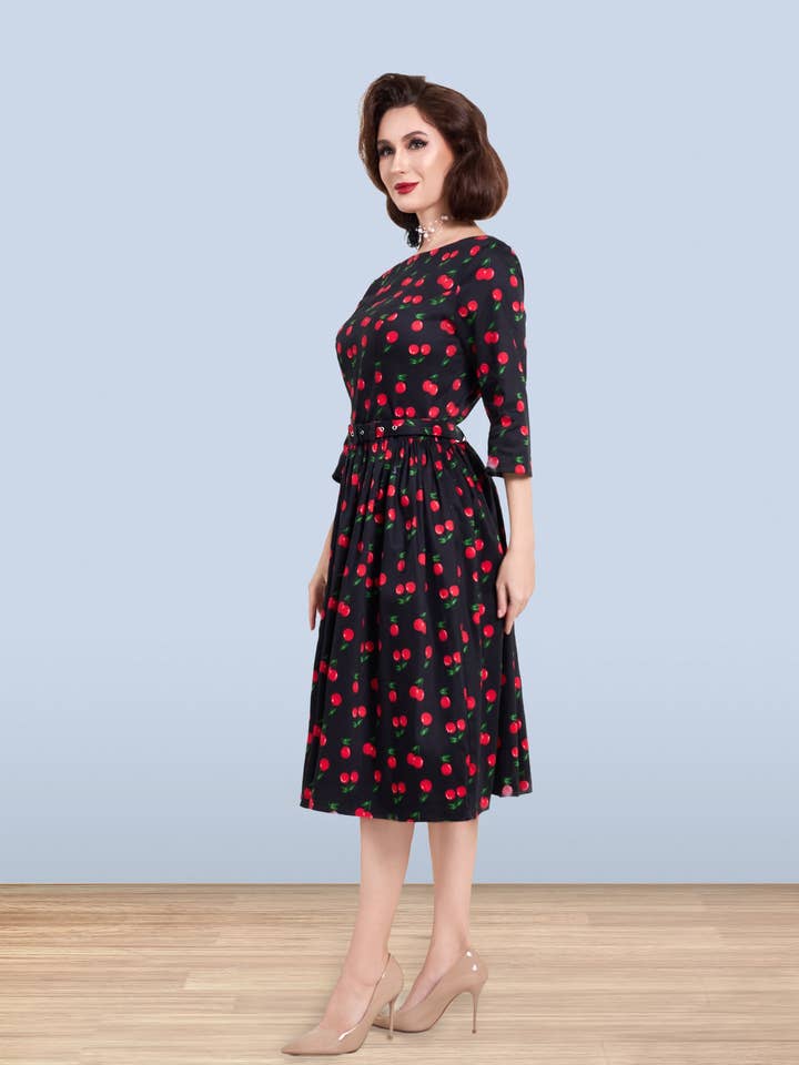 Black Red Audrey Cherry Dress 3/4 for wholesale on Faire2