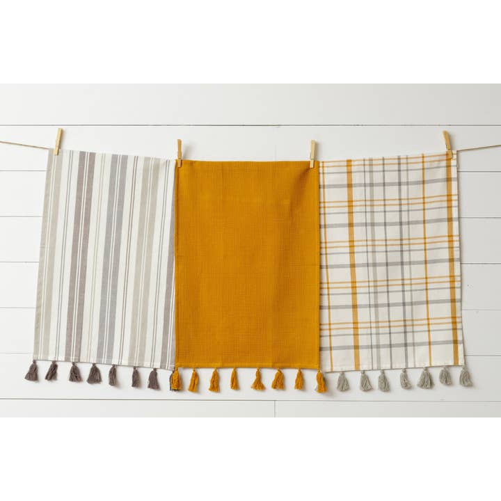 Audrey's Home & Gift - Wholesale Tea Towel - Gray And Mustard Yellow Tea Towels (Pk/03 Ast)