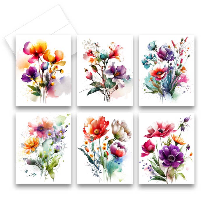 Assorted Watercolor Flower Notecards, Set of 6 for wholesale by Aria Rae