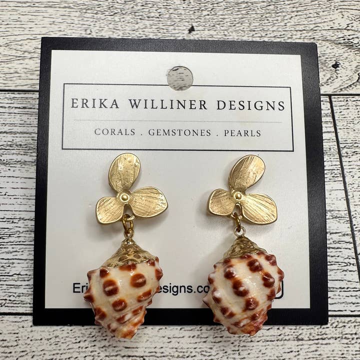 Spiral Shell with Gold Flower Post Earrings | Erika Williner Designs for wholesale by Erika Williner Designs