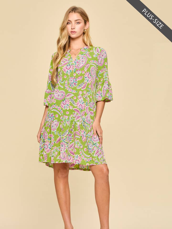 PLUS SIZE Shirred Tiered Relaxed 3/4 Sleeve Dress for wholesale by Dear Scarlett