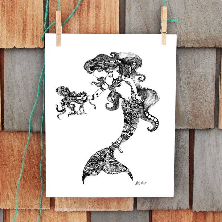 Doodle Mystery Mermaid - Fine Art Print for wholesale by FJ Creations