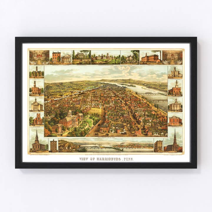 Vintage Map of Harrisburg, Pennsylvania 1855 for wholesale by Ted's Vintage Art