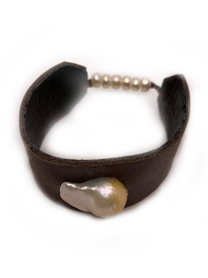 Nouveau Leather Cuff Bracelet with Baroque Pearl for wholesale by Hila