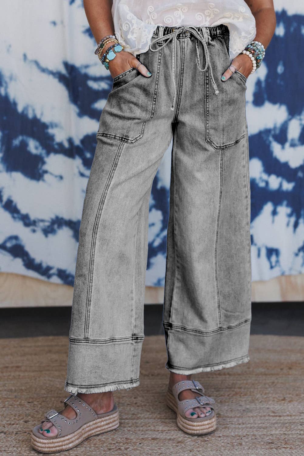 FULL TIME PURCHASE - Wholesale Jeans - Women's - Drawstring Seam Detail Raw Hem Wide Leg Denim Pants1