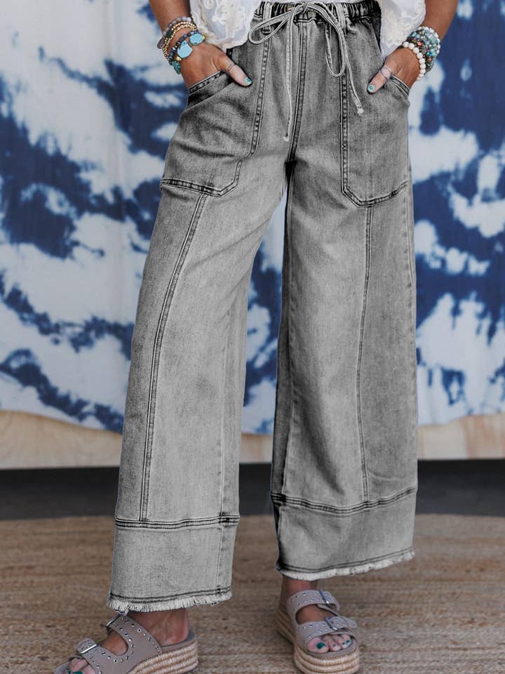 FULL TIME PURCHASE - Wholesale Jeans - Women's - Drawstring Seam Detail Raw Hem Wide Leg Denim Pants1