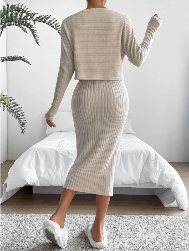 Sweetkama – wholesale Top & skirt set – Women's – Sweetkama 2PCS  Set Solid Color Top with Midi Dress6