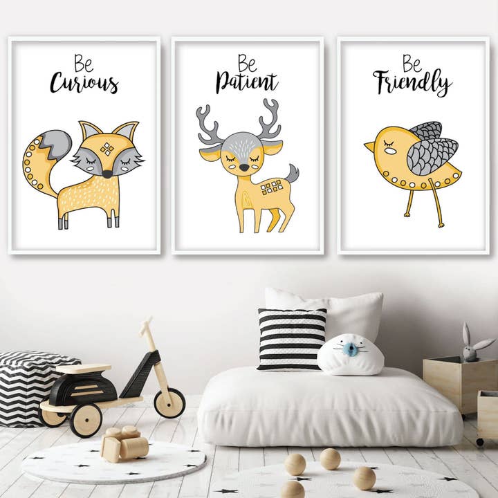 Nursery Set of 3 Yellow and Grey Forest Animals Art Prints for wholesale by Artze Wall Art