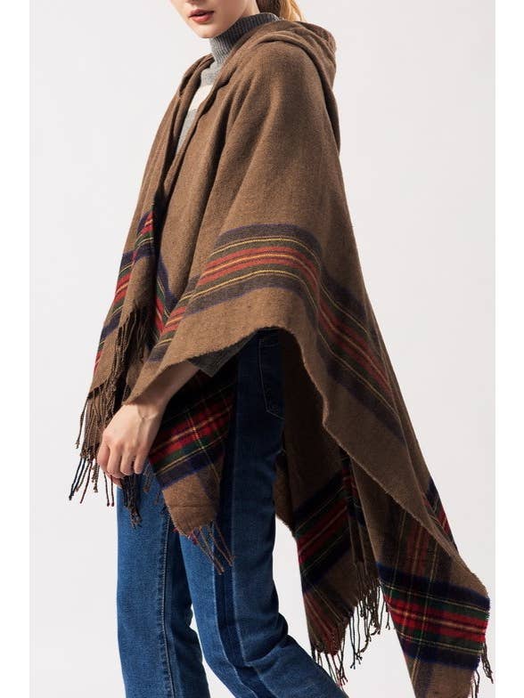 Rosa Clothing - Wholesale Poncho - Women's - Striped Thermal hooded Ruana Shawl with Tassel details3