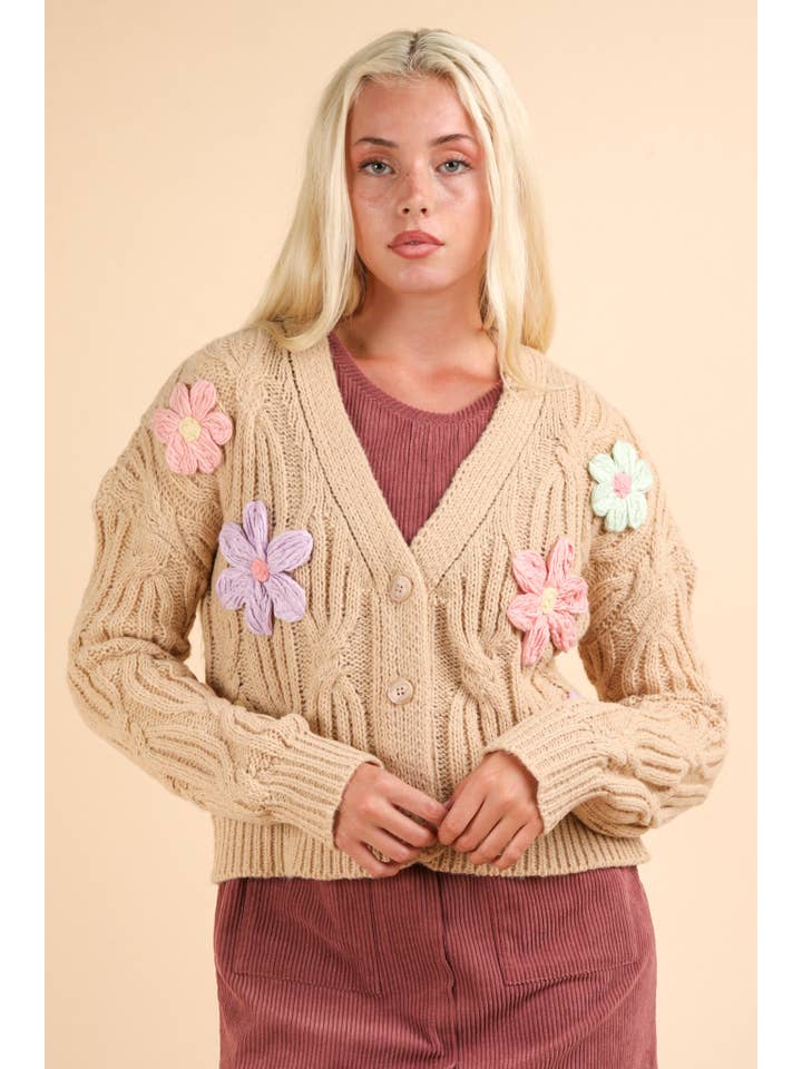VERY J - Wholesale Cardigan - Women's - 12W3110N-Hand-Made Flower Applique Knit Sweater Cardigan