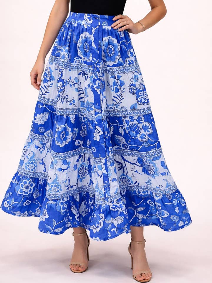 Garden Delight Blue Floral Tiered Maxi Skirt for wholesale by Avani Del Amour