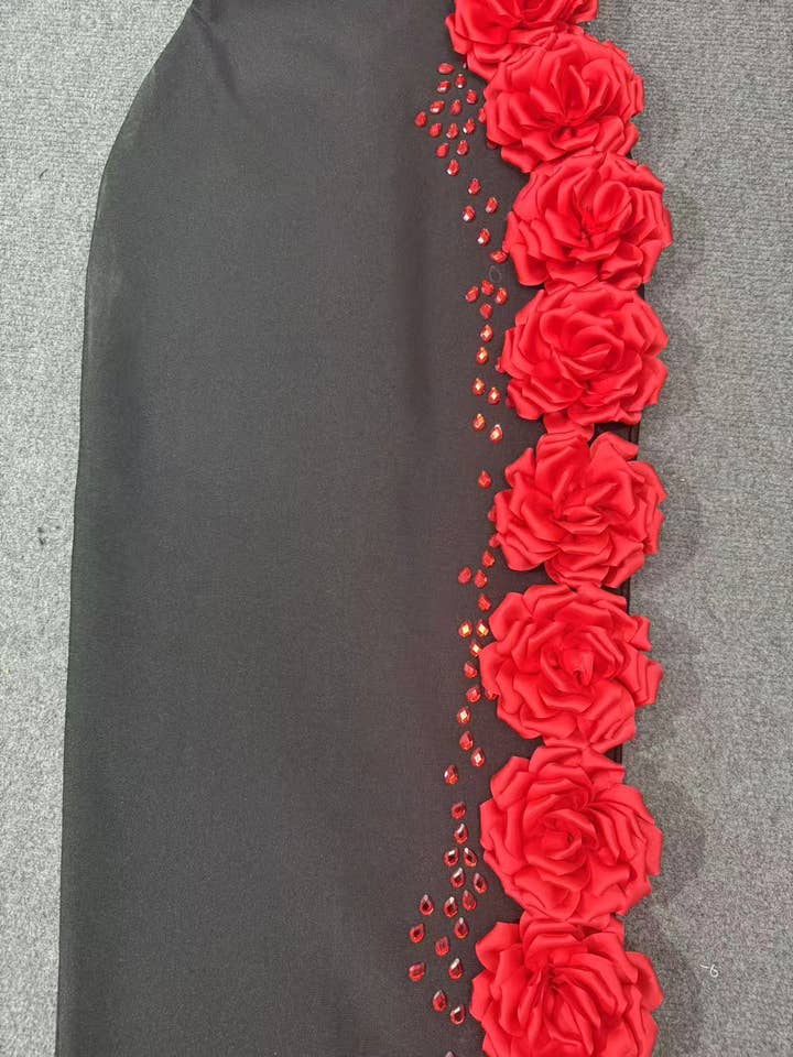 Black 43Y 3D Floral One-Shoulder Bandage Gown with Crystal Detail for wholesale on Faire5