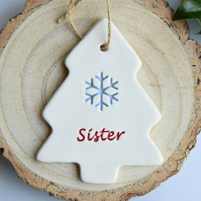 Christmas - Sister - Handmade ceramic tree decoration for wholesale by Broadlands Pottery