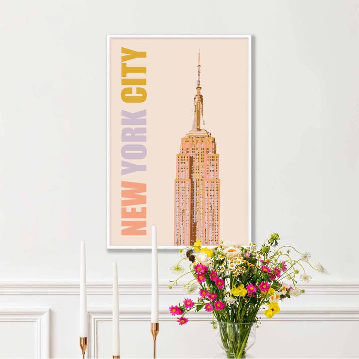 Newpencilbox Art - Venta al por mayor Ilustración - Impresión artística del Empire State de la ciudad de Nueva York, tipografía en colores pastel suaves