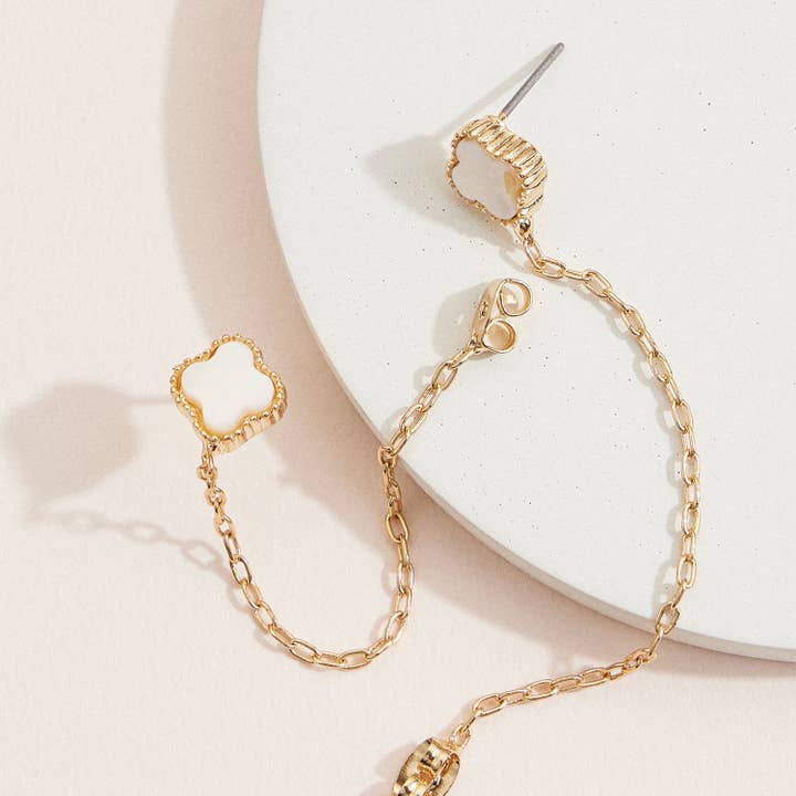 Mother of Pearl Clover Chain Earrings – Elegant Dangle Studs with Gold Metal Accents for wholesale by Lilla Haven
