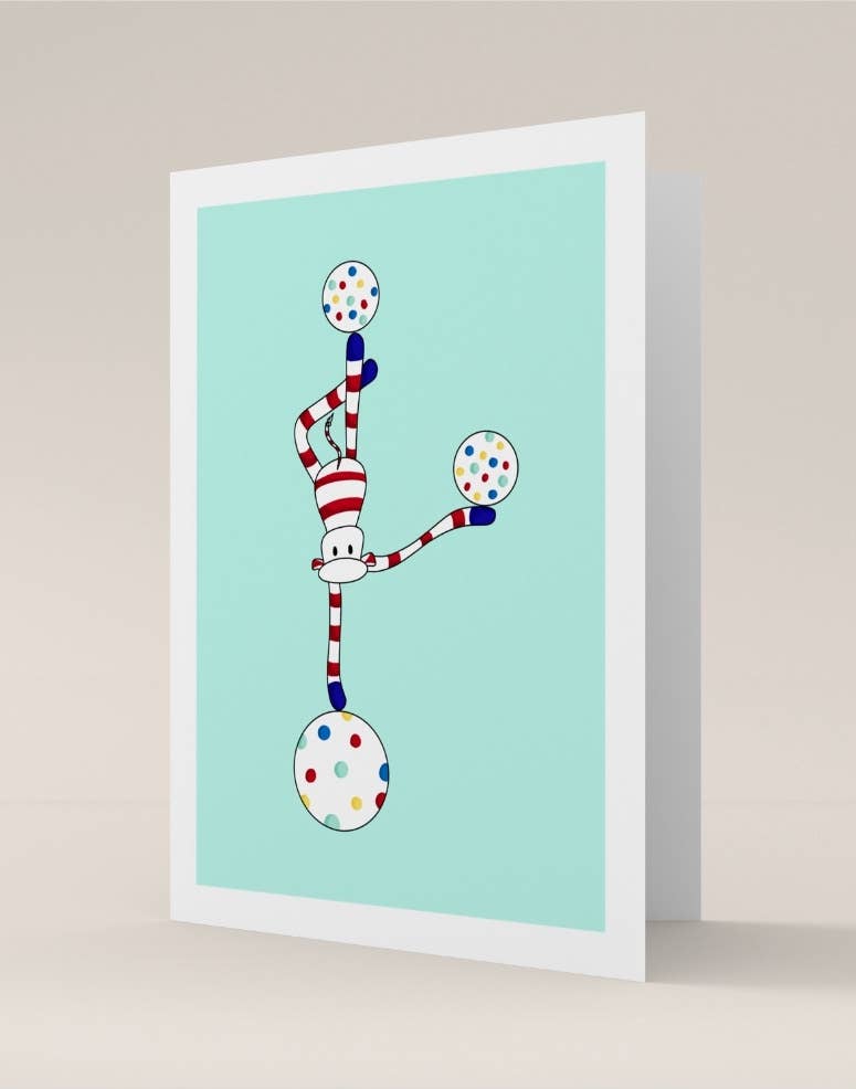 Monsieur Chaussette - Wholesale Birthday Card - Double card - Green Equilibrist Circus1
