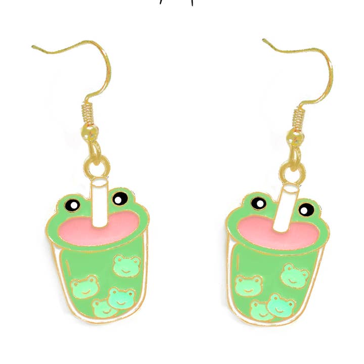 Songbird Artistry - Wholesale Dangle Earrings - Adorable Frog Boba Tea Earrings0