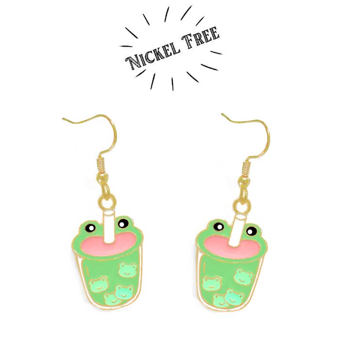 Songbird Artistry – wholesale Dangle earrings – Adorable Frog Boba Tea Earrings