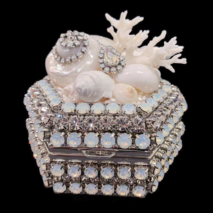 White Opal Shell Hexagon Box for wholesale by Isabella Adams Designs
